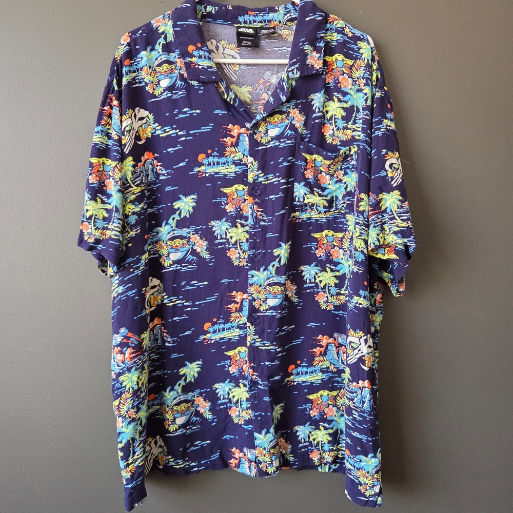 Star Wars Mandalorian Grogu Baby Yoda Hawaiian Shirt Navy Blue Mens 3XL Tropical